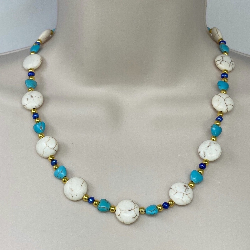 Handmade Necklace White, Turquoise Magnesite & Blue Freshwater Pearls Gold Tone